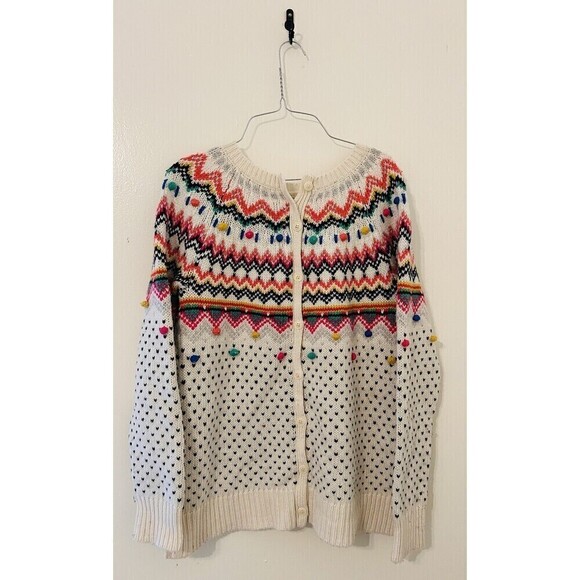 Talbots Carnival Fair Isle Pom Pom Back Button Wool-Blend Sweater Women’s Med - Picture 2 of 5